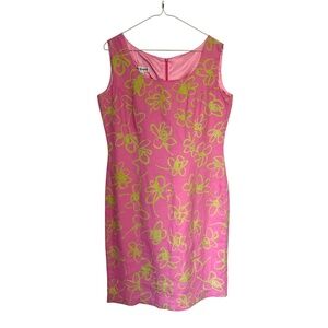 Vintage 100% Linen Pink & Green Floral Shift Dress Size 12 Karen Warren